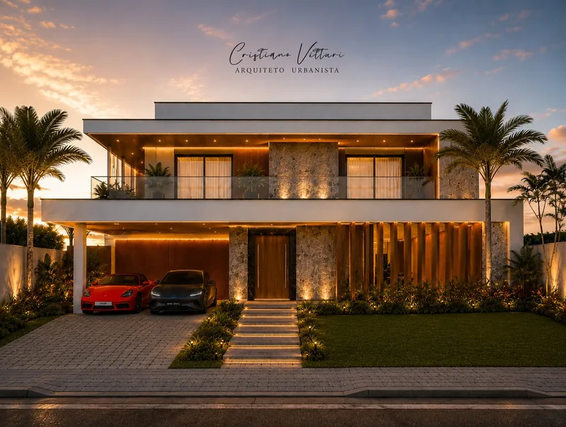 Fachada de residência de alto padrão ao entardecer, com iluminação embutida, revestimento em pedra e madeira e garagem coberta