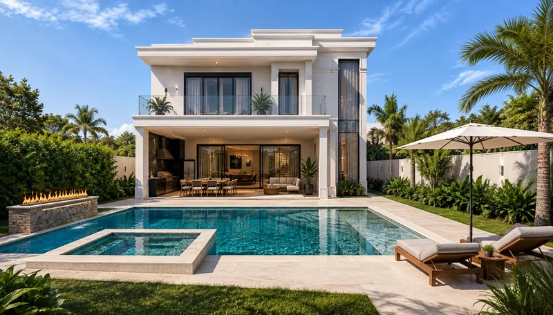 Área de lazer com piscina, spa aquecido, lareira externa e varanda gourmet integrada à casa