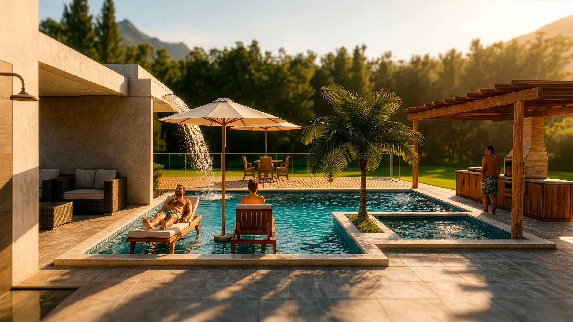 Área de lazer ao entardecer com piscina, guarda-sol e palmeiras