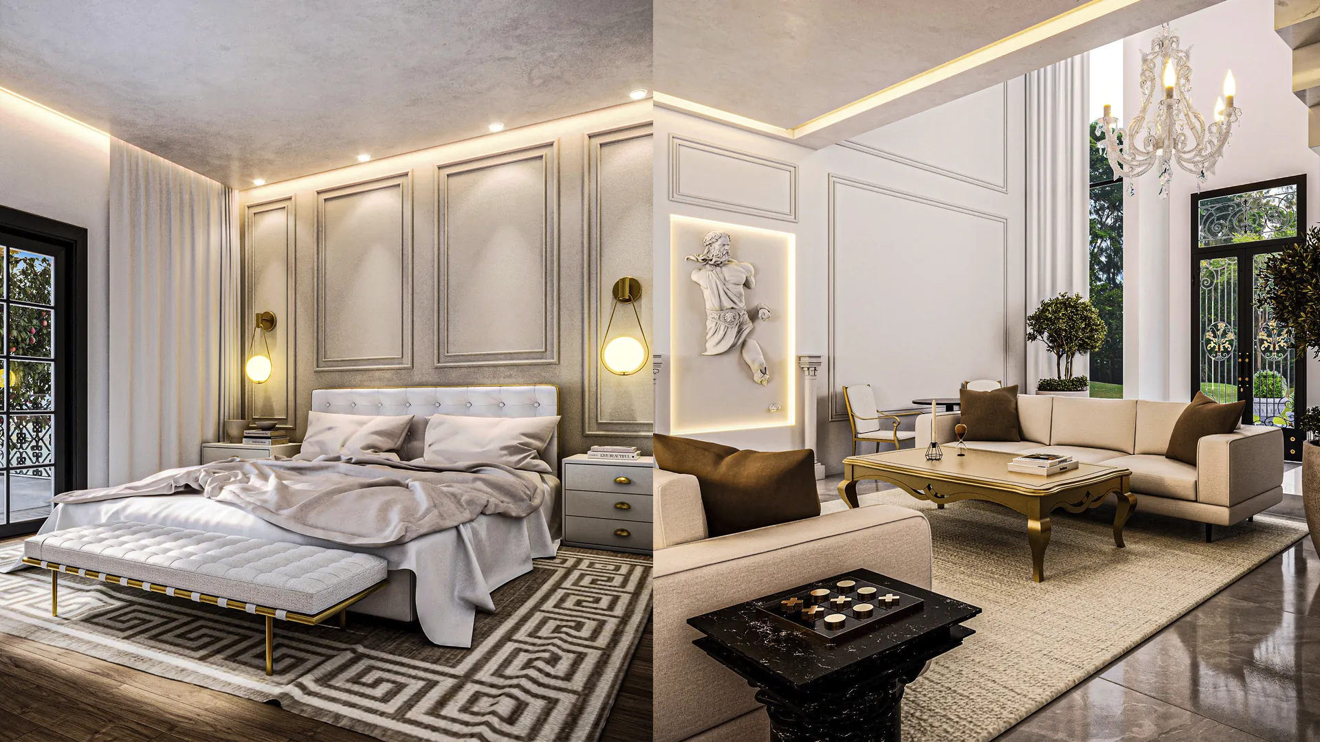 Suíte e living em estilo clássico com boiserie, lustre de cristal e piso em mármore