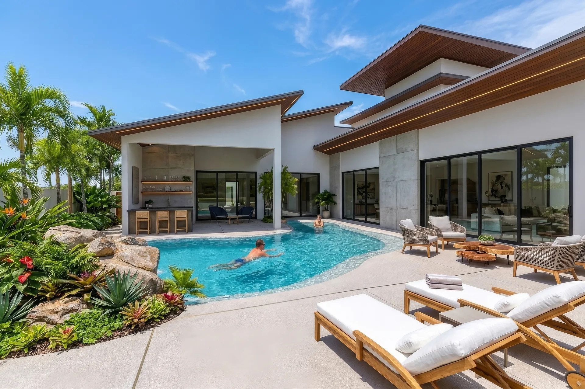 Residência com piscina de borda orgânica e paisagismo tropical