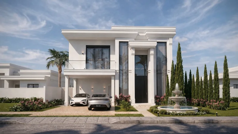 Fachada completa de residência neoclássica branca de dois pavimentos, com pórtico envidraçado, fonte e ciprestes no jardim